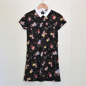Black Floral Shift Dress With Contrasting Collar